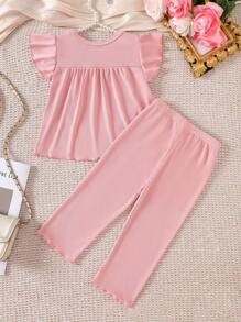 2 件装女婴纯色浅紫色罗纹盖袖上衣和长裤家居服套装 - 粉色 - 查看 2