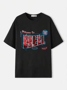 Supernatural X SHEIN T-shirt à col ras-du-cou à manches courtes pour hommes avec imprimé de lettre et de portrait