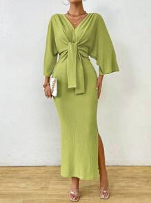 Celisse 女式简约纯色 V 领系腰中长连衣裙，女士优雅结饰，开叉大腿七分袖 V 领常规版型长款绿色蝙蝠袖纯色修身女式长裙，春/秋，休闲日常穿着超长女装 - 綠色 - 查看 4