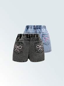 Falda pantalón vaquera casual y holgada con varios colores lavados, diseño bordado de moño, versátil, sencilla y de moda para uso diario para niña joven
