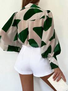 INAWLY Women's Fashion Commuting Contrast Color Print Lantern Sleeve Blouse Fall Cloth For Women - Green - View 2