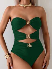 SHEIN Swim 1pc Women Solid Color Starfish Cutout Sexy One-Piece Swimsuit For Summer Beach Vacation - Green - View 4