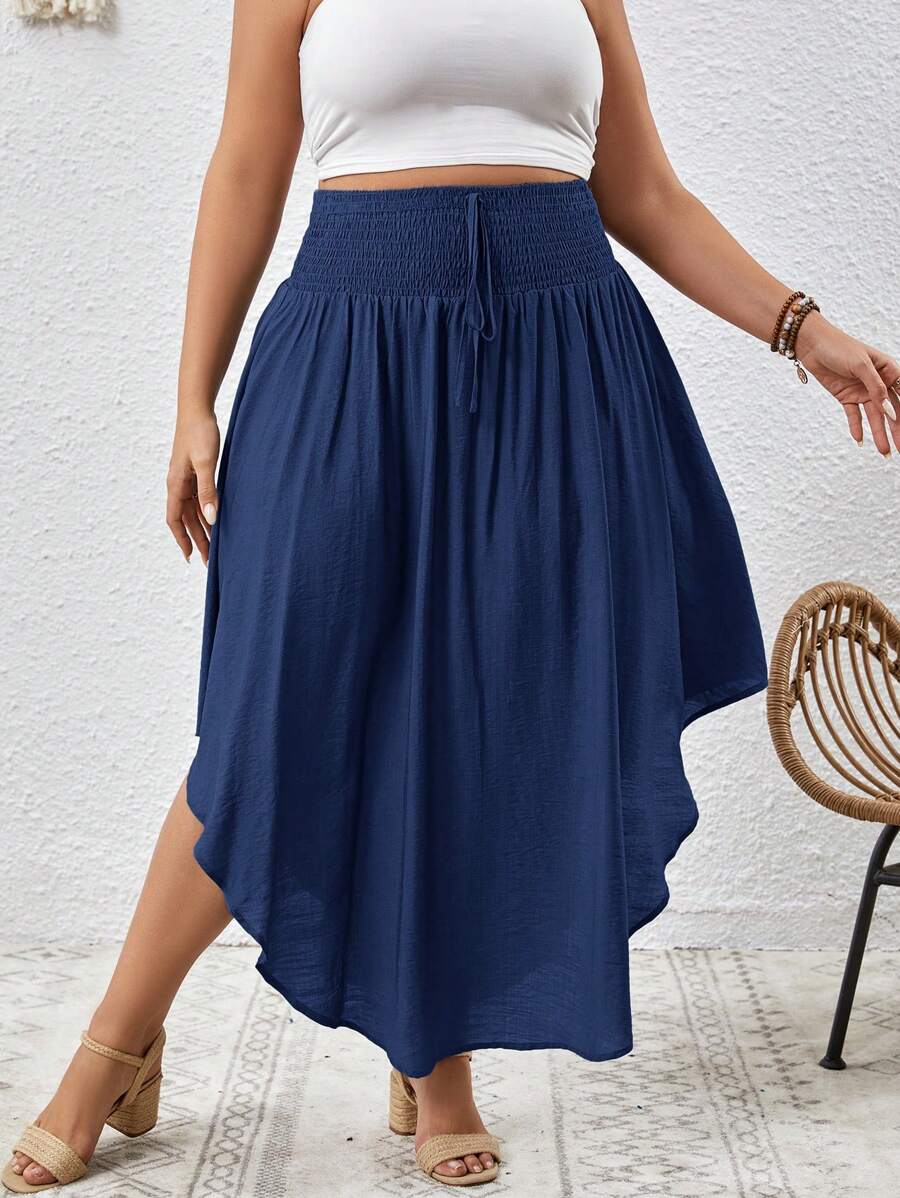 SHEIN VCAY Plus Solid Curved Hem Tie Front Summer Skirt - Navy Blue - View 1