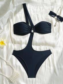 SHEIN Swim 女士纯色镂空金属配饰装饰连体泳衣，性感时尚 - 黑色 - 查看 7