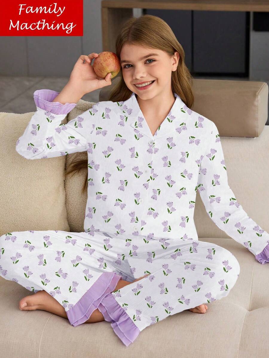 SHEIN Tween Girlr 郁金香印花长袖上衣和裤子两件套睡衣套装,浅紫色 - 淺灰紫 - 查看 1