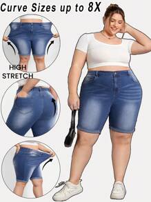 SHEIN CURVE+ Plus Size Women Blue Elastic Casual Roll-Up Hem Slim Fit Denim Shorts For Summer - Medium Wash - View 1