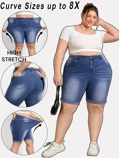 SHEIN CURVE+ Plus Size Women Blue Elastic Casual Roll-Up Hem Slim Fit Denim Shorts For Summer