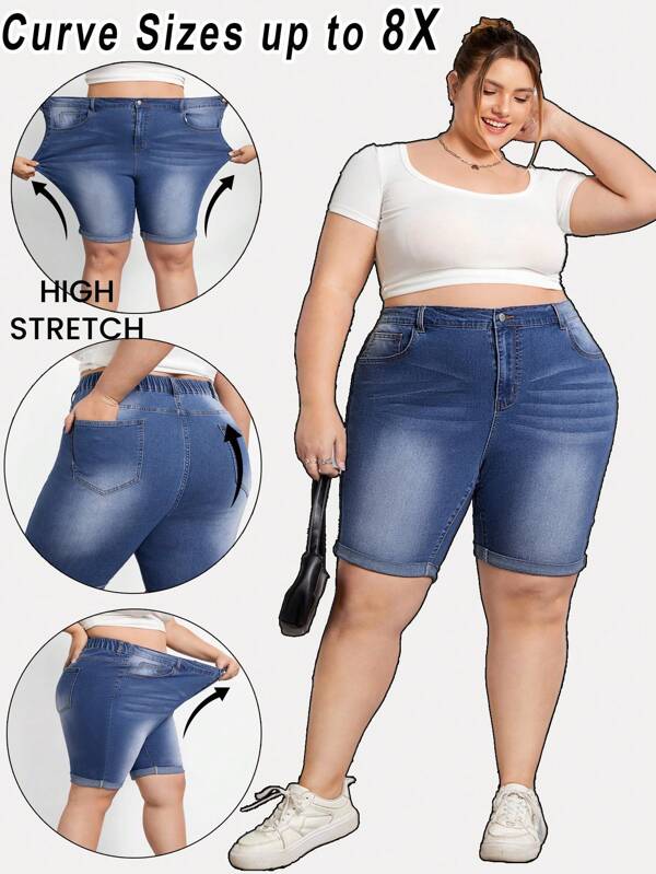 SHEIN CURVE+ Pantaloni scurți din denim cu tiv învârtit pentru vară, cu elastic, pentru femei, mărimi Plus