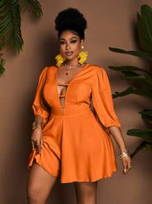 Maweii Plus Size Women Deep V-Neck Lantern Sleeve Sexy Romper - Orange - View 1