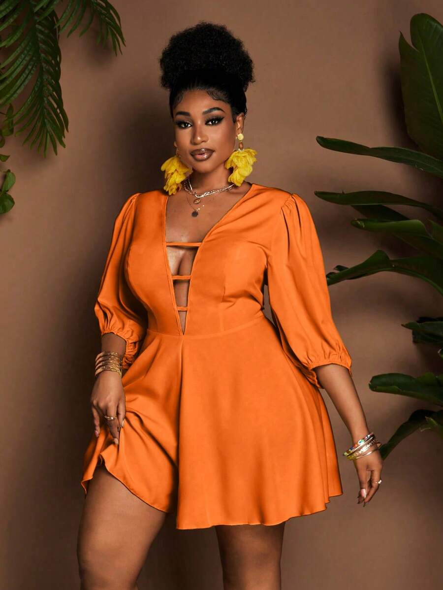 Maweii Plus Size Women Deep V-Neck Lantern Sleeve Sexy Romper - Orange - View 1