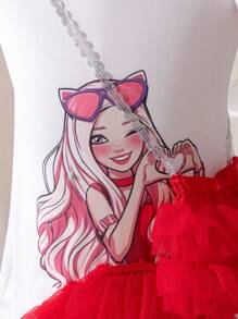 SHEIN Baby Girls' Cute 3D Net Mesh Dress With Cross-Body Bag, Spring & Summer - Red - View 4