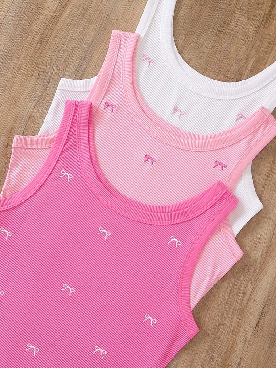 INAWLY 女士蝴蝶结刺绣圆领背心 图案 T 恤 女士上衣 - 彩色 - 查看 1