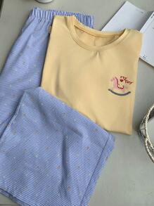 Dazy Plus Conjunto de pijama de talla grande de blusa holgada y pantalones con estampado de dibujos animados, ropa de dormir y de hogar, amarillo mantequilla primavera/verano