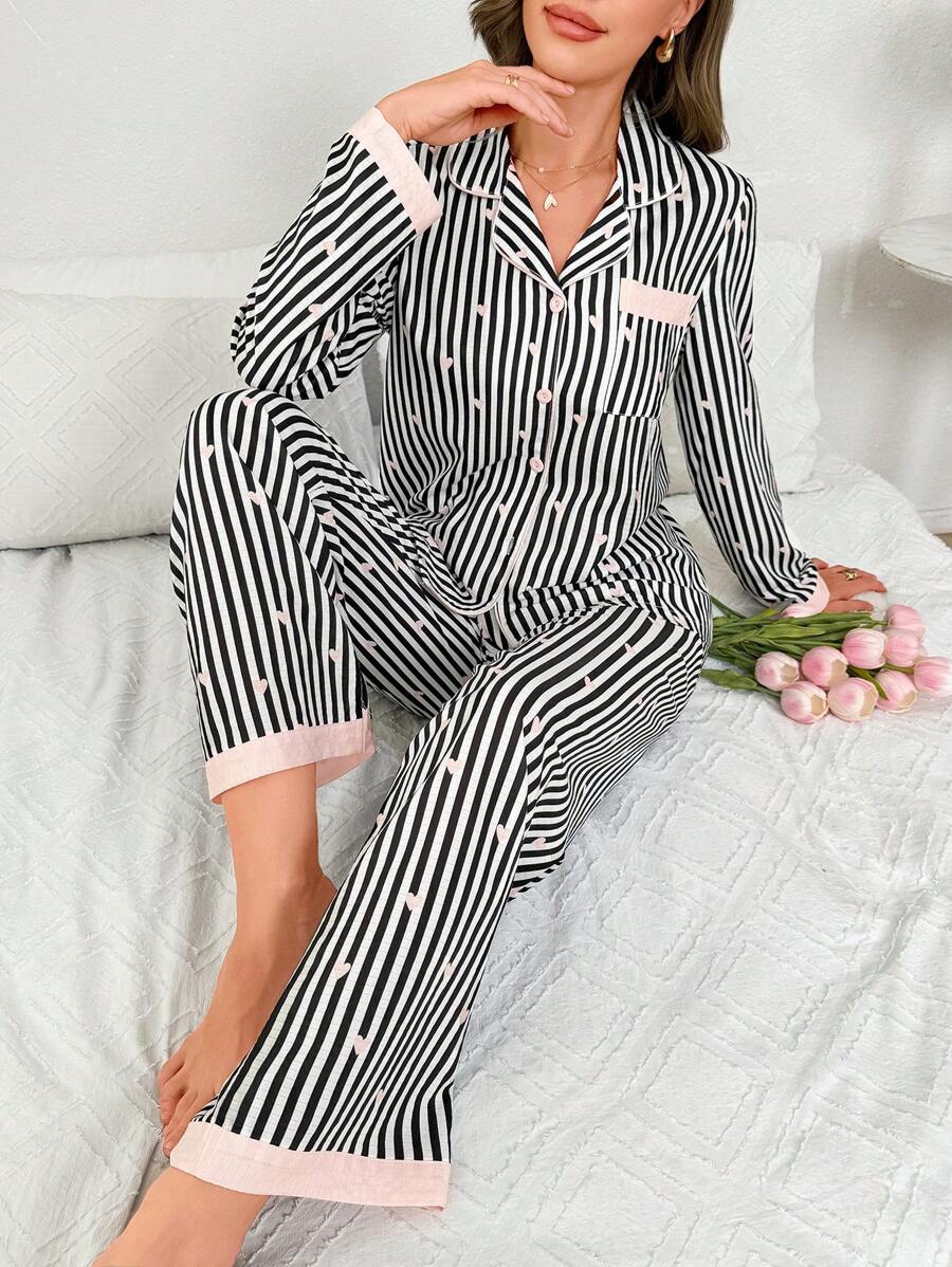 Striped Heart Collar Long Sleeve Pajama Set With Long Pants, Fall Winter Clothes Cozy And Elegant Details - Multicolor - View 1