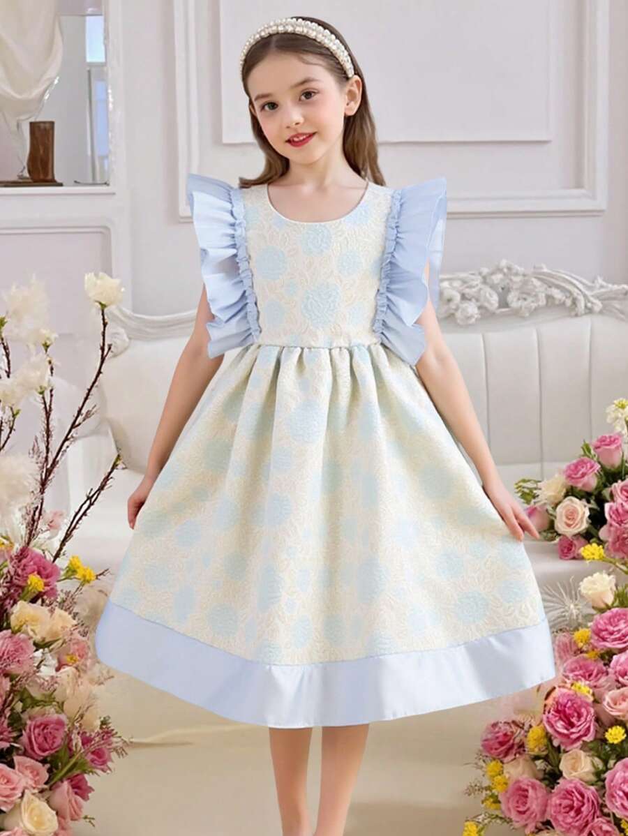 Tween 女童花卉提花亮面透明袖连衣裙 - 藍色 - 查看 1