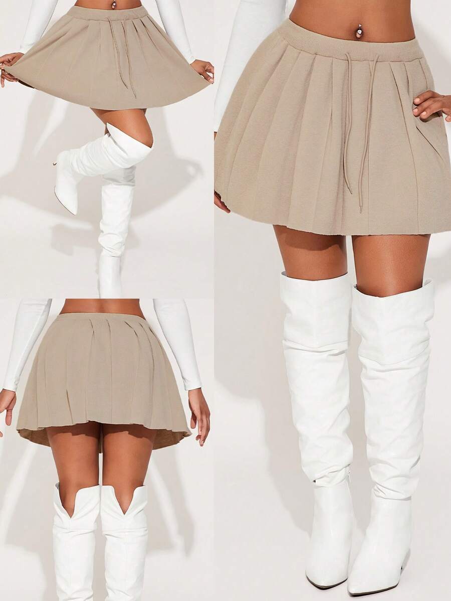 SHEIN SXY New Spring & Autumn Sexy & Simple Design Drawstring Puff Mini Skirt Set For Women