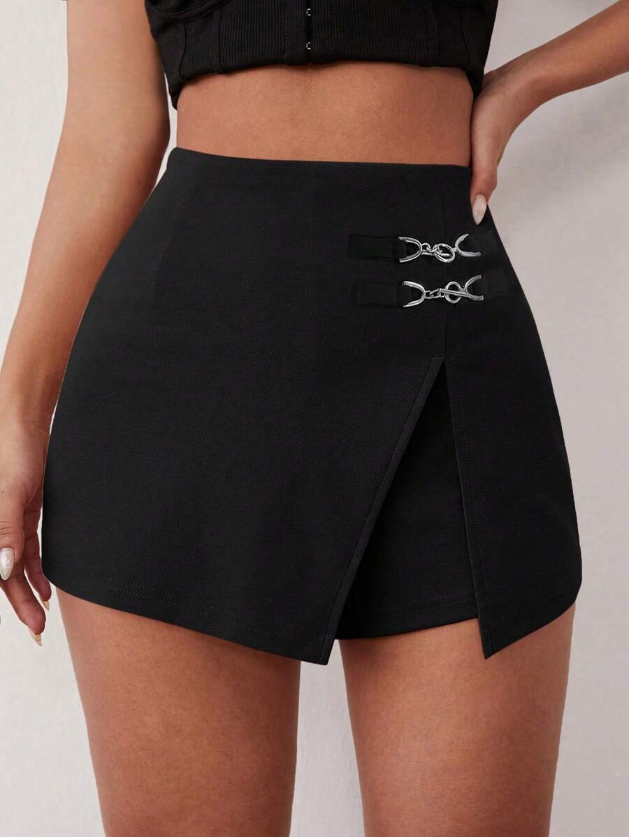 SHEIN SXY 春夏办公室优雅休闲西式服装音乐节女式黑色针织五金饰边开衩短裙 - 黑色 - 查看 1