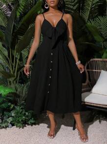 SHEIN Clasi 女士纯色节日细肩带连衣裙长款女装 - 黑色 - 查看 4