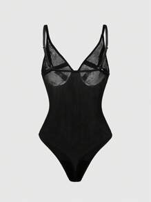 ROMWE Grunge Punk Mono negro sexy de PU con remaches y encaje punk - Negro - Ver 2