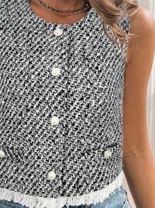 SHEIN Frenchy Women's Tweed Fringe Button Jacket In Fall/Winter Elegant - Multicolor - View 6