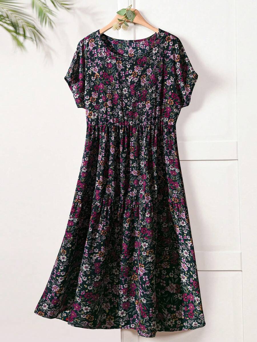 Rusticease Women's Vacation Casual Ditsy Ditsy Floral Short Sleeve Dress - Purple - View 1