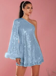 Glamine 女士蓬松拼接斜肩长袖短款休闲连衣裙节日聚会服装亮片女装 - 藍色 - 查看 4