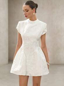 EMERY ROSE 女式复古法式撞色提花盖袖修身腰喇叭迷你连衣裙波西米亚风度假时尚夏季 - 白色 - 查看 3