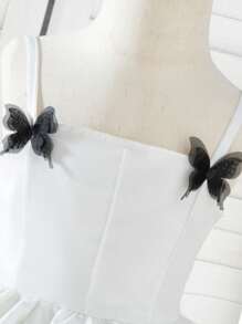 SHEIN Young Girl Casual Cute Suspender Organza Dress, White Base Color With Black 3D Butterfly Decor, Minimalist & Elegant Design Suitable For Daily Casual And Important Occasions - White - View 3