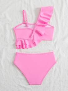 Girls Magenta Color Swimwear Set, Tween Girl Sportswear, One Shoulder Ruffle Swimwear, Beach Resort Two Pieces Swimwear