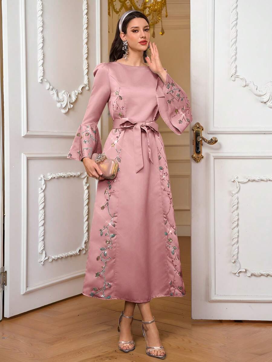 Al Najma Vestido abaya de manga de campana con cuello redondo y bordado floral para mujer