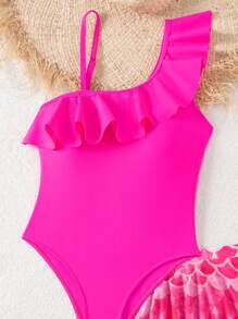 1pc Girls' Solid Ruffle Trim One-Piece Swimsuit With Mermaid Scale Print Skirt, Sibling Outfits Matching Sets (Sold Separately) - Multicolor - View 5