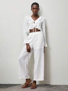 Lumivelle Women's Ruffle Trim Bell Sleeve Casual 2 Pieces Set - White - View 4