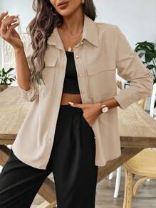SHEIN LUNE Áo sơ mi nữ trơn màu thường ngày, thời trang cho mùa hè - Màu be - Xem 3