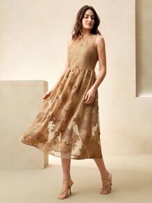Anewsta Váy không tay họa tiết hoa lưới rỗng thanh lịch dành cho nữ, trang phục Boho xuân hè dành cho nữ, váy tốt nghiệp giản dị cho kỳ nghỉ xuân hè - Cà phê nâu - Xem 3