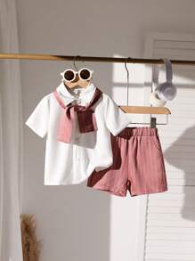 SHEIN 男婴条纹短袖衬衫和短裤休闲套装 - 紅木色 - 查看 1