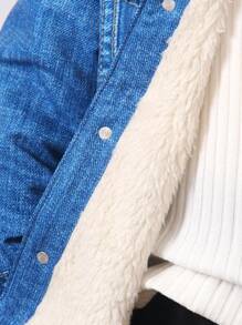 SHEIN 1 pieza Chaqueta de efecto denim con cuello forrado de lana térmica para niño, adecuada para otoño/invierno, uso al aire libre, calle y escuela
