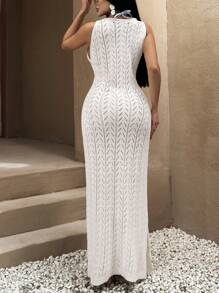 RueChic WOMEN V-Neck Sleeveless Knit Maxi Dress With Side Slits And Fitted Waist Detail Cover Ups -YEG - Beige - View 2