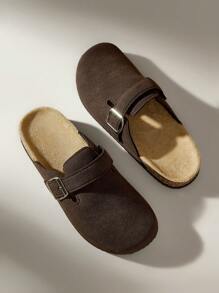 Women's Fashion Thick Bottom Slip-On Sliders With Round Toe And Square Buckle For Christmas - Coffee Brown - View 6