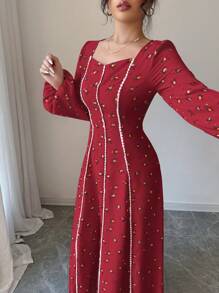 Al Najma Women's Elegant Ditsy Floral Print Lantern Sleeve Kaftan Style Dress, Modest - Burgundy - View 1