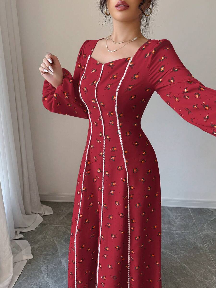 Al Najma Women's Elegant Ditsy Floral Print Lantern Sleeve Kaftan Style Dress, Modest - Burgundy - View 1