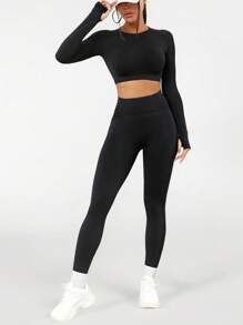 Seamluxe SHEIN Sport Women's Solid Raglan Sleeve Sports Set Outfit Set Workout Women Set - Black - View 1