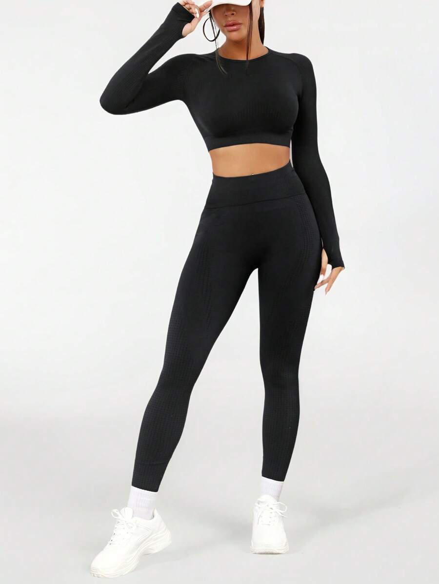 Seamluxe SHEIN Sport Women's Solid Raglan Sleeve Sports Set Outfit Set Workout Women Set - Black - View 1