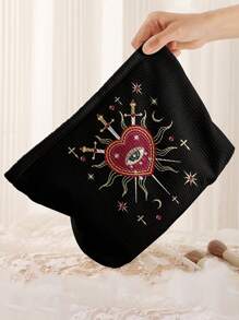 ROMWE Goth Heart, Eye, Teardrop And Sword Pattern Corduroy Zipper Makeup Bag, Lightweight Multi-Functional Makeup Organizer Pouch With Lining - Multicolor - View 3