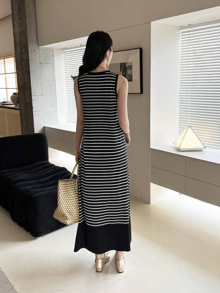 Women's Casual Sleeveless Striped Maxi Dress With Round Neck And Side Slits
