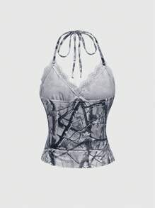 ROMWE Y2K Baddie Dry Leaf Camo Full Print Lace Trim Halter Crop Top - Dark Grey - View 2