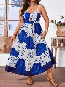 SHEIN LUNE Plus Size Twist Bust Cups Navy & White Rose Print Slip Dress With Adjustable Straps - Blue - View 4