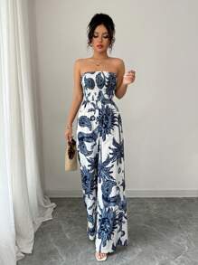 Elenzga 女式印花抹胸连体裤，腰部收褶，喇叭腿，优雅度假和工作服连体裤 - 藍白色 - 查看 6