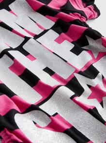 ROMWE Avant Y2K Style Striped Slogan Print Asymmetric Collar T-Shirt - Pink - View 3