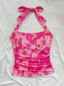 SHEIN WYWH Débardeur moulant pour femmes grandes tailles avec impression romantique d'hibiscus, col ras-du-cou et taille froncée. Mode pour les saisons printemps/été. Convient pour les fêtes, rendez-vous, la Saint-Valentin, le thé de l'après-midi, Pâques, le carnaval, les croisières balnéaires