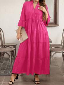 SHEIN LUNE Robe maxi en ligne A col V texturée de couleur unie décontractée grande taille